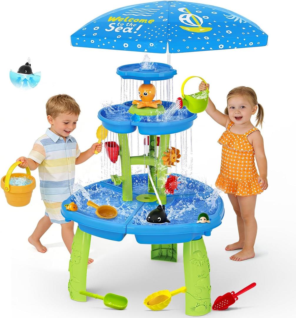 2026 Upgraded Water Table for Toddlers 3-5, 3-Tier Water and Sand Activity Sensory Playset with Water Pump & Umbrella, Summer Outdoor Kids Water Sensory Table, Rain Shower Splash Pond for Water Play
