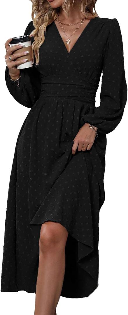 Womens Long Sleeve Dresses Maxi Wedding Guest Dresses (Black, XL)