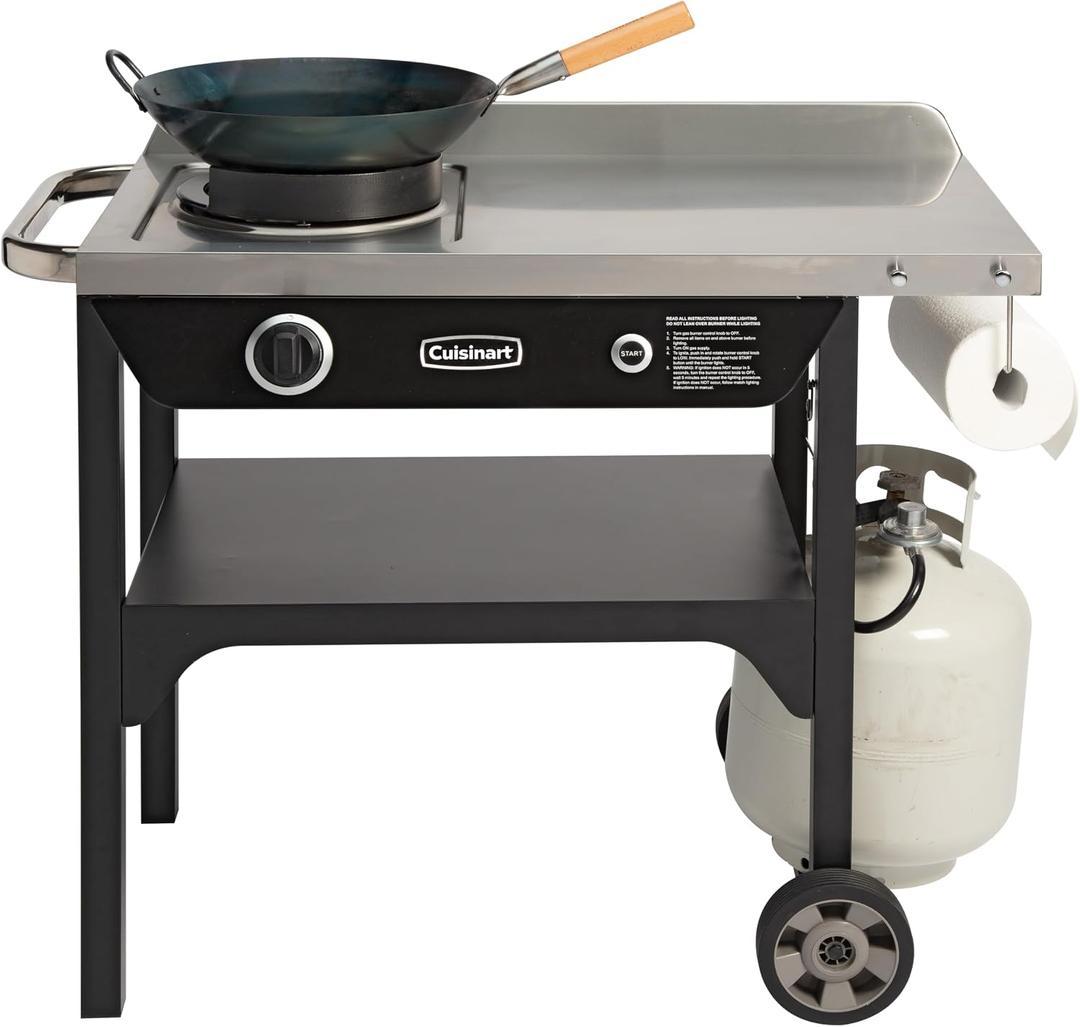 Cuisinart Outdoor Wok Station, 50,000 BTU Propane Outdoor Wok Burner with Prep Table, 14" Carbon Steel Fry Pan, Stainless Steel Side Table, Storage, Outdoor Cooking Station for Stir Fry, Searing, BBQ
