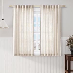 Nanspring Beige Linen Sheer Curtains 54 Inch Length 2 Panel Set Back Tab Pocket Semi Sheer Light Filtering Short Curtain Soft Elegant Aesthetic Small Window Drapes for Bathroom 52x54 inches Long