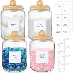 4 Pack Glass Jars with Bamboo Lids and Labels, Glass Containers for Laundry Room Organization and Storage, Half Gallon Airtight Glass jars Holder for Laundry Detergent, Pods, Scent Booster Beads (clear)