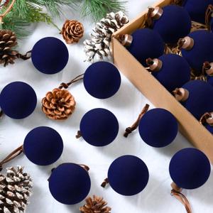Palonu 30 Pcs Velvet Christmas Balls,2.4 Inch Flocked Ornaments with Velvet Ribbons, Shatterproof Plastic Christmas Bulbs Ornaments for Family Holiday Wedding Party Xmas Hanging Decoration(Blue)