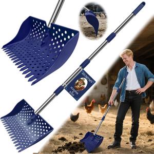 US Patent Pending 12-Inch 2-in-1 Chicken Poop Scooper & Rake, 3-Shape Sifting Holes Chicken Coop Rake，Stainless Steel Handle （20–61"）– Litter Scooper & Sand Sifting Shovel for Chicken Coops（Blue）