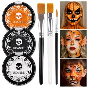 White Foundation + Black Orange Face Body Paint with Brushes for Halloween Pumpkin Clown Makeup, Non Toxic Face Painting Kit Facepaints Set for Kids Adults Party Scarecrow Tiger SFX Cosplay Make Up