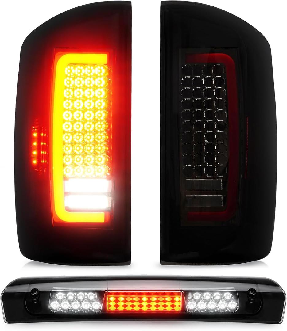 Tresound Tail Light + 3rd Brake Cargo Lamp for 2007-2008 Dodge Ram 1500, 2007-2009 Ram 2500 3500, Third High Mount Stop Light Rear LED Taillight Assembly, 55277302AC 55277303AC (2007-2008 (09 2500 3500), Taillight + Brake Light)