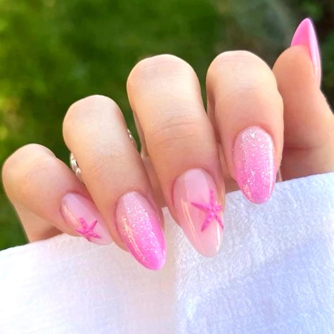 MERVF Almond Press on Nails Medium Fake Nail Pink Ombre French Tip Glue ons Glitter Stiletto Acrylic Star Design Art Summer Beach Manicure Glossy 24pcs