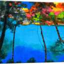 PHOENIX Modern Impressionisti Wall Art Decor Framed Canvas Dreamy Surreal Forest Lake Landscape Bold Saturated Blue Hues for Offices, Studio, Living/Game Room 12X16 Inch