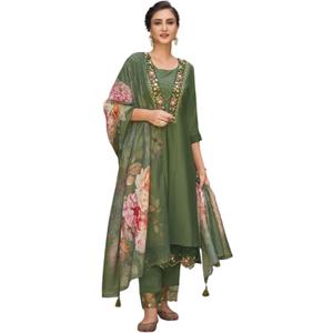 women Anarkali Suit Alia cut kurti pant and Dupatta 3pc set salwar suit (Small, Mehndi Green)