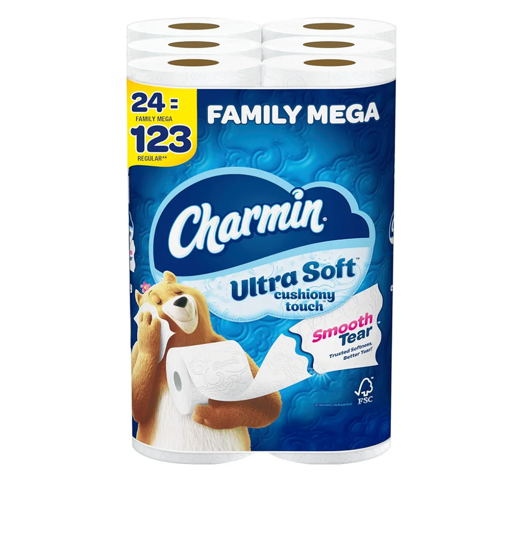 Charmin Ultra Soft Cushiony Touch Toilet Paper, 24 Family Mega Rolls = 123 Regular Rolls