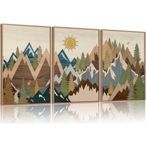 FWIEXA Large Mountain Woodcut Style Canvas Wall Art Set of 3, Sunrise Pine Tree Wall Decor, Forest Animal Painting, Farmhouse Nature Landscape Art, 24x36In Rustic Artwork for Living Room, Bedroom