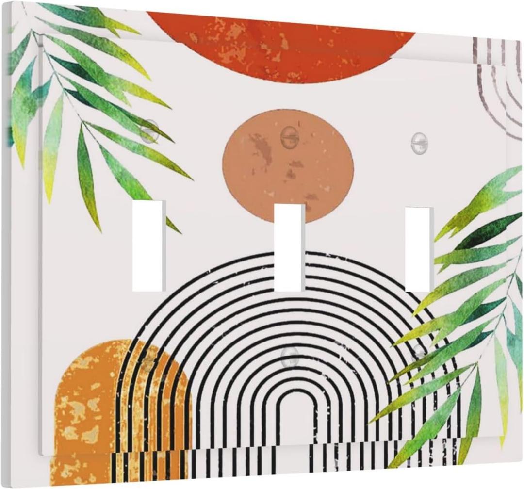 Modern Bohemian Abstract Green Leaf Triple Toggle Decorator Outlet Light Switch Wall Plate Cover Red Boho Sun Middle Century Minimalist Jumbo Decorative 3 Gang Three Device Receptacle Faceplate Cover