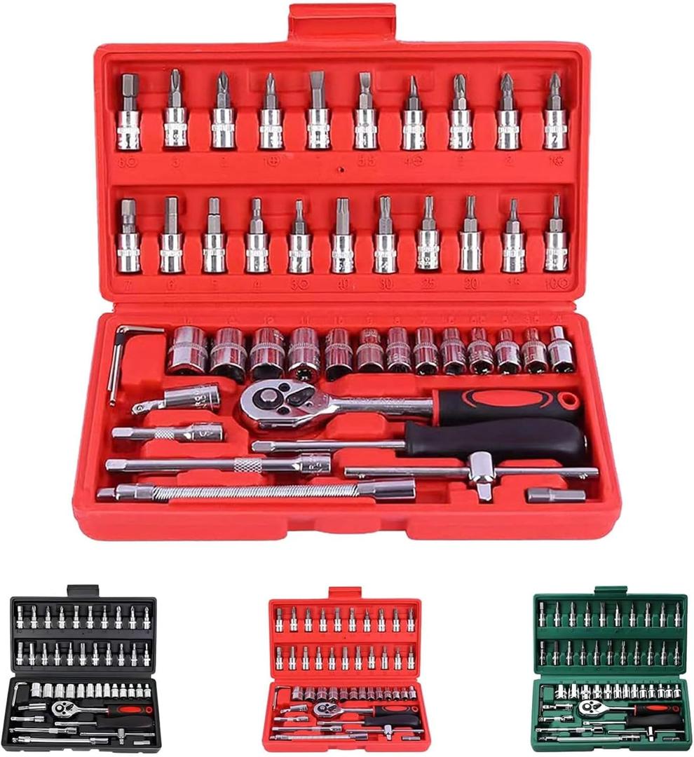 Cordless Electric Slim Ratchet Set, Slim Rechargeable Ratchet, Electric Ratchet 3/8 Drive, Power Ratchet Tool Kit, 46 Piece 1/4-Inch Vessel Cordless Electric Slim Ratchet Set (Red)