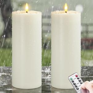 Waterproof Flickering Plastic Flameless with Cycle Timer & Remote Control, Pack of 2 Fake Battery Operated Candle Grease Outdoor Pillar LED Candles (Ivory, 4" x10")