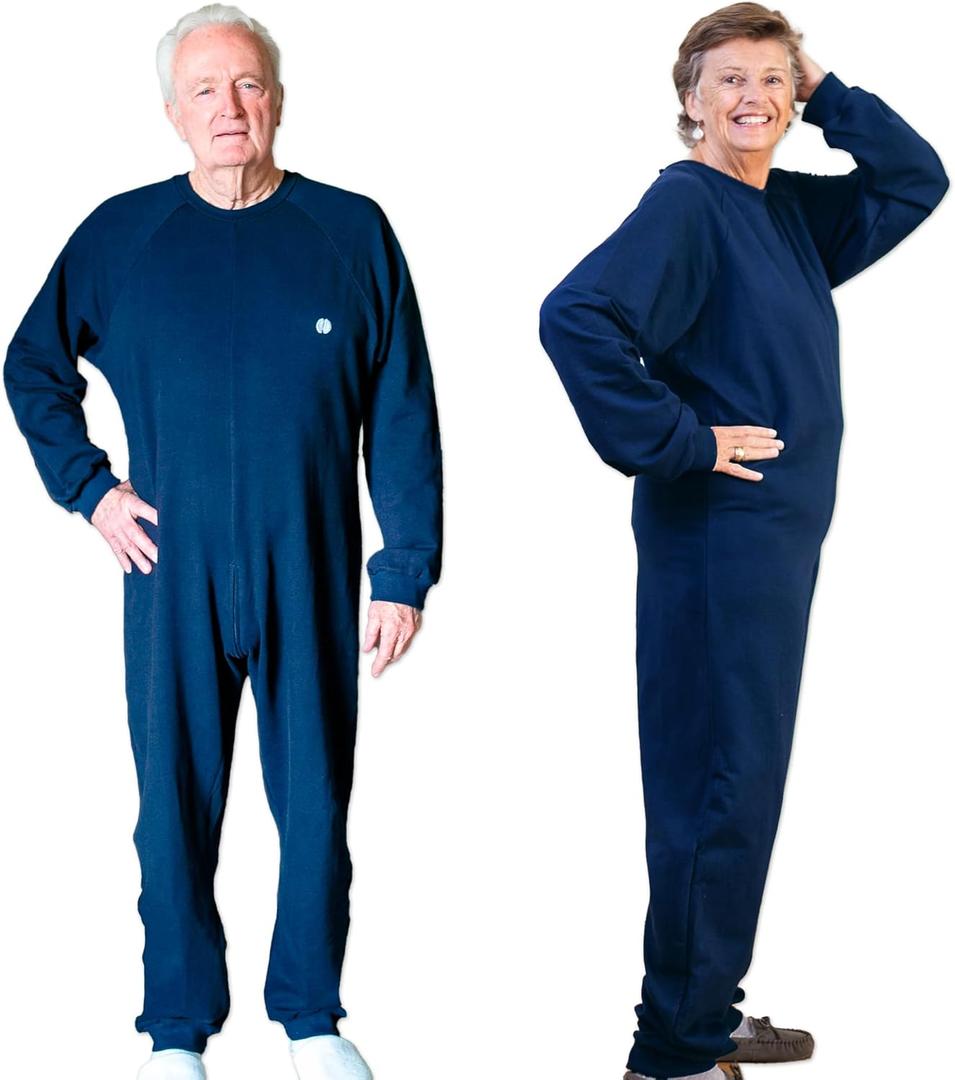 Premium, Unisex, Cotton, Anti-Strip & Incontinence Onesie/Jumpsuit - Clothing for Alzheimer's and Dementia (Large (Pack of 1), Navy Blue)