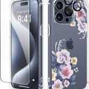 GVIEWIN for iPhone 15 Pro Case, [3 in 1] with Screen Protector & Camera Lens Protector, Clear Hard Shockproof Slim Fit Floral Phone Cover for Women Girls 2023 6.1" (Begonia Flowers/Blue)
