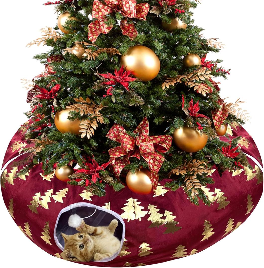 LUCKITTY Plush Christmas Tree Pattern Cat Tunnel Bed Under Christmas Tree with Premium Gold Foil & Hanging Plush Ball, 10-Inch Diameter 3-Ft Wide Round - Divert Cats from Decor Red Color