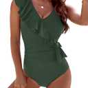 BMJL Women's One Piece Swimsuit Tummy Control Bathing Suit Sexy Ruffle V Neck Swimwear, Green 