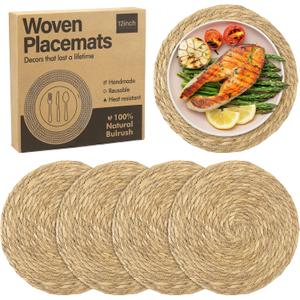 Elcoho 4 Pieces Round Woven Placemats 12 Inch Boho Rattan Placemats Farmhouse Braided Place Mats Woven Plate Chargers Rustic Wicker Table Mats for Dining Table