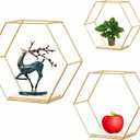 Wall Mounted Hexagon Floating Shelves, Metal Framed Gold Shelf with Wooden Wall Floor Storage Shelves, Modern Wall Decor for Living Room, Bedroom, Kitchen, Office, Set of 3 Size