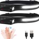 Headlamp Flashlight, 2Pack Rechargeable LED Headlamps 1200Lumens 2 COB 230Wide Beam Headlight with Motion Sensor Bright 5 Modes Lightweight Waterproof Head Lamp for Outdoor Running, Camping Hiking (Black+Black)