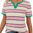 LilyCoco Women's Striped Shirt Short Sleeve Color Block Tops Notched Neck Summer Tee Multicolored Medium