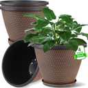 4 Pack 8 inch Plant Pot, Plastic Pots for Plants Indoor, Round Planters for Outdoor Plants with Drainage Holes & Trays, Decorative Flower Pots Garden Containers Sets for Houseplants (Black Copper)
