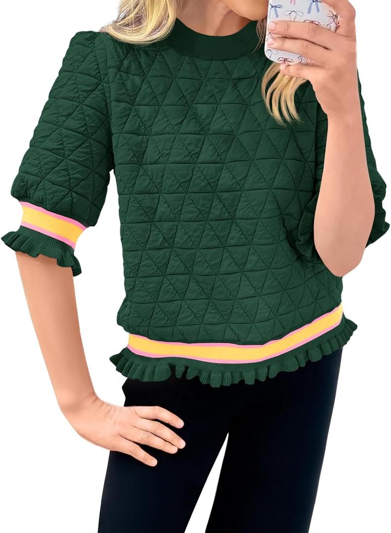 Fisoew Womens Quilted Pattern Cropped Sweatshirts Casual Crewneck Half Lantern Sleeve Textured Ruffle Loose Pullover Tops