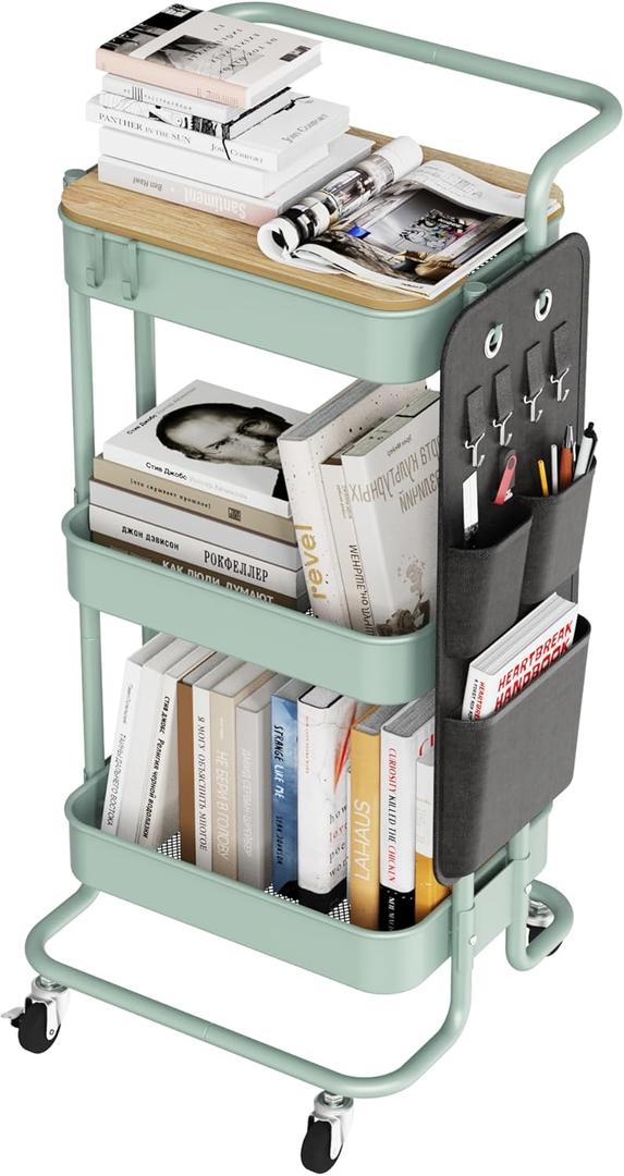 DTK 3 Tier Metal Utility Rolling Cart with Table Top and Side Bags, Metal Tray Storage Organizer Cart with Wheels, Art Craft Cart with 4 Hooks for Kitchen Bathroom Office Living Room (Green) (Large)