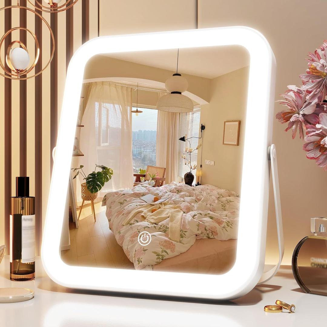 10"x8" Portable Lighted Makeup Mirror with 3-Color Dimmable LED, Touch Screen Vanity Mirror for Travel or Bedroom Desk, White 