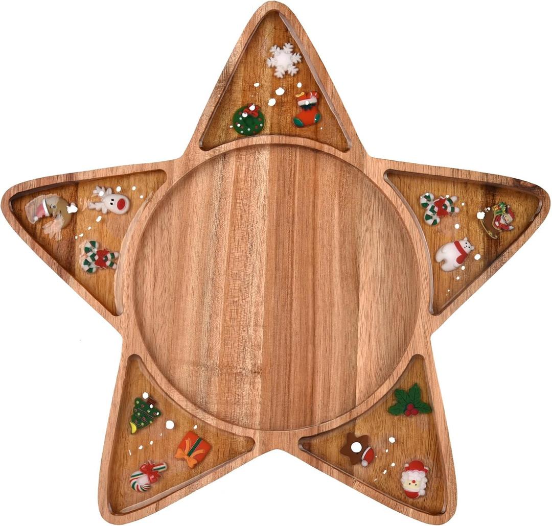 Wooden Christmas Serving Tray, Acacia Wood and Epoxy Resin Design, Christmas Themed Serving Board (Star)