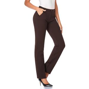 Tapata Women's 28'' Stretchy Straight Dress Pants with Pockets Tall, Petite, Regular for Office Work Business (Brown) L