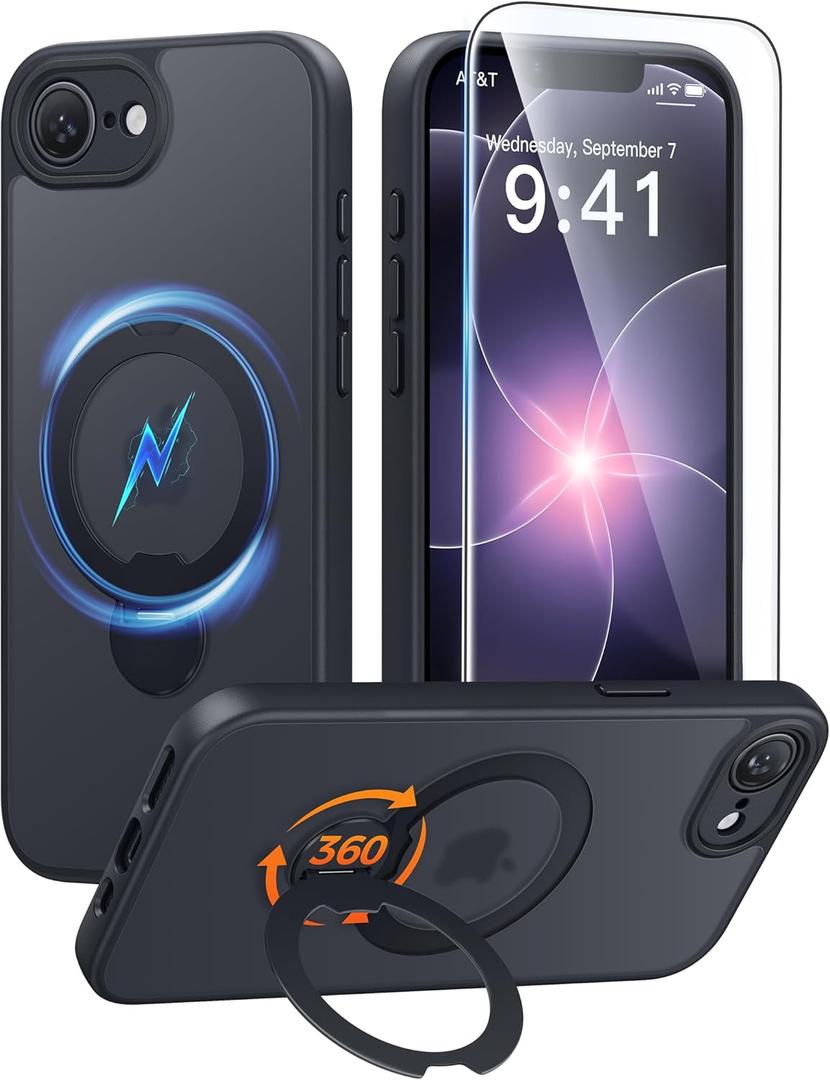 FNTCASE for iPhone 17e Case: iPhone 16e Phone Case [360 Spin Magnetic Stand] [Compatible with Magsafe] [Screen Protector] Translucent Matte Military Grade Shockproof Protective Phone Cover Black