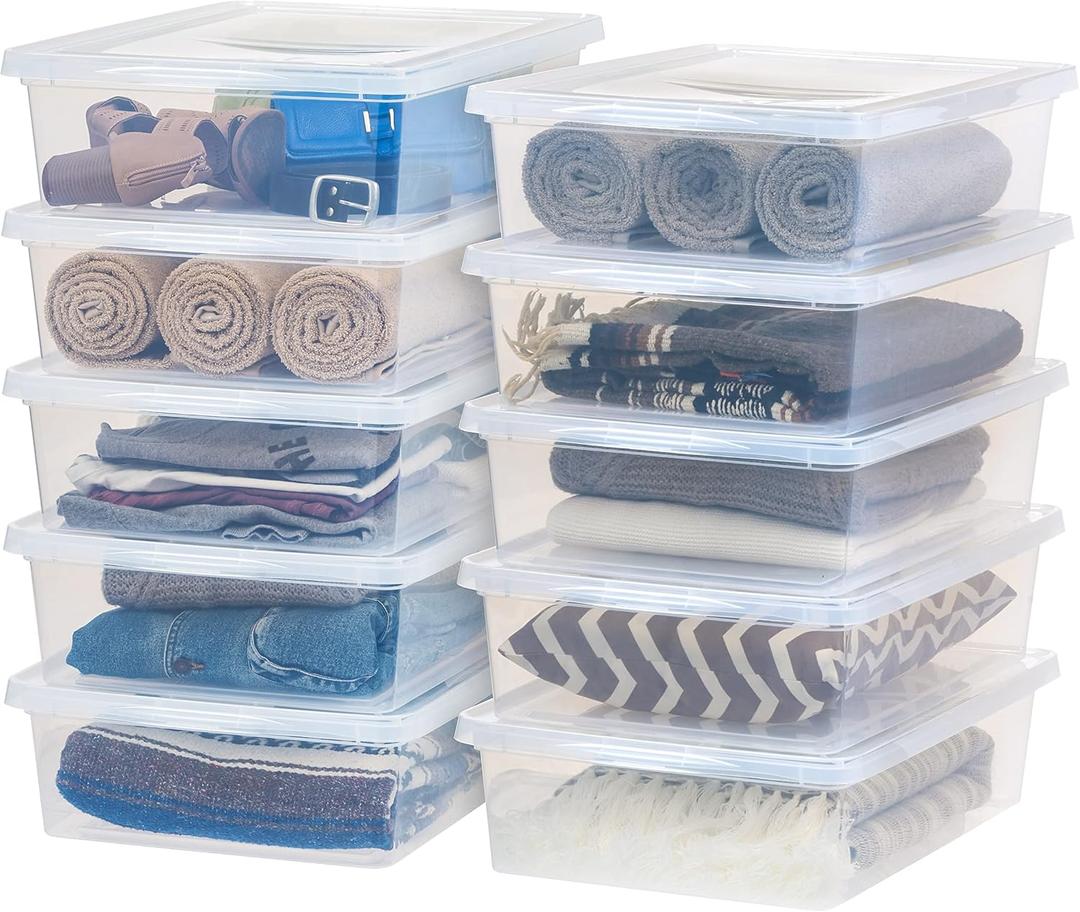 IRIS USA 10-Pack Storage Bins with Lids, 28 Quart, Shoe Boxes Clear Stackable Containers Organize Shoes Closet Shelves, Classroom Organization Teacher Tools, Game Storage - BPA-Free Plastic