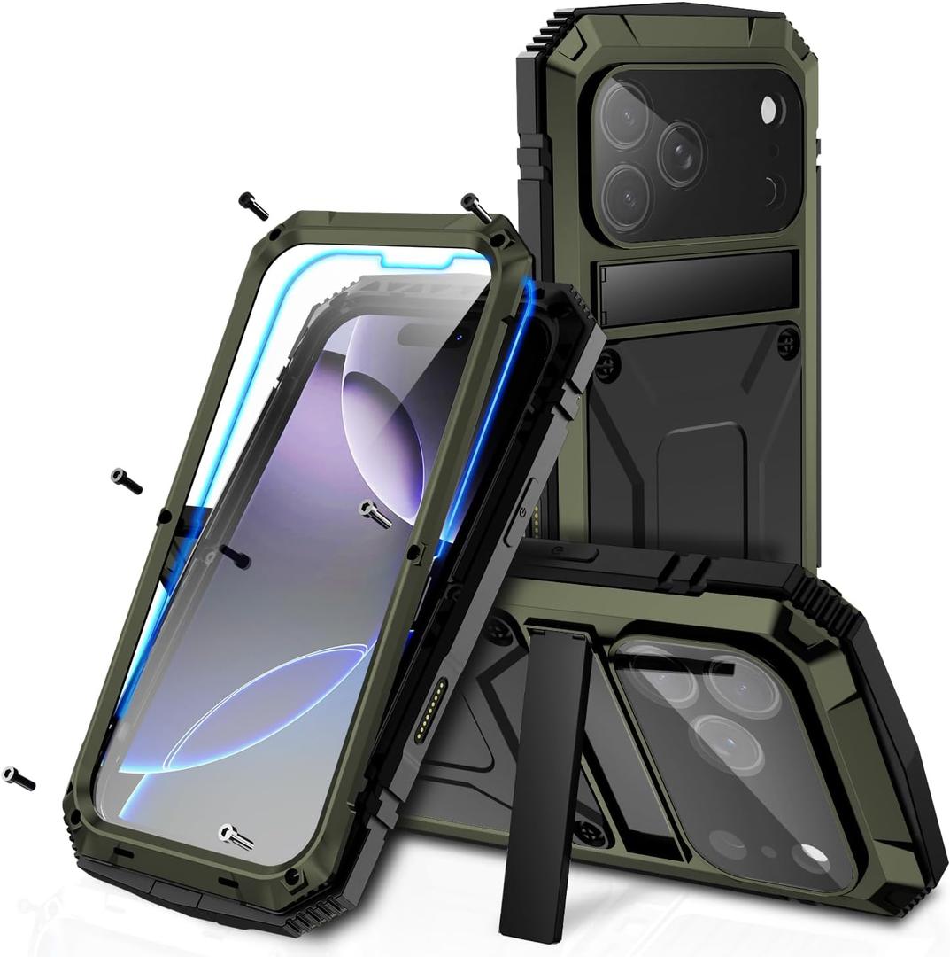 iPhone 17 Pro Max Metal Case, Military Grade Heavy Duty Aluminum Rugged Cover with Screen Protector Stand Camera Control Shockproof Dustproof Full Body Protection for Men/Women (Green)