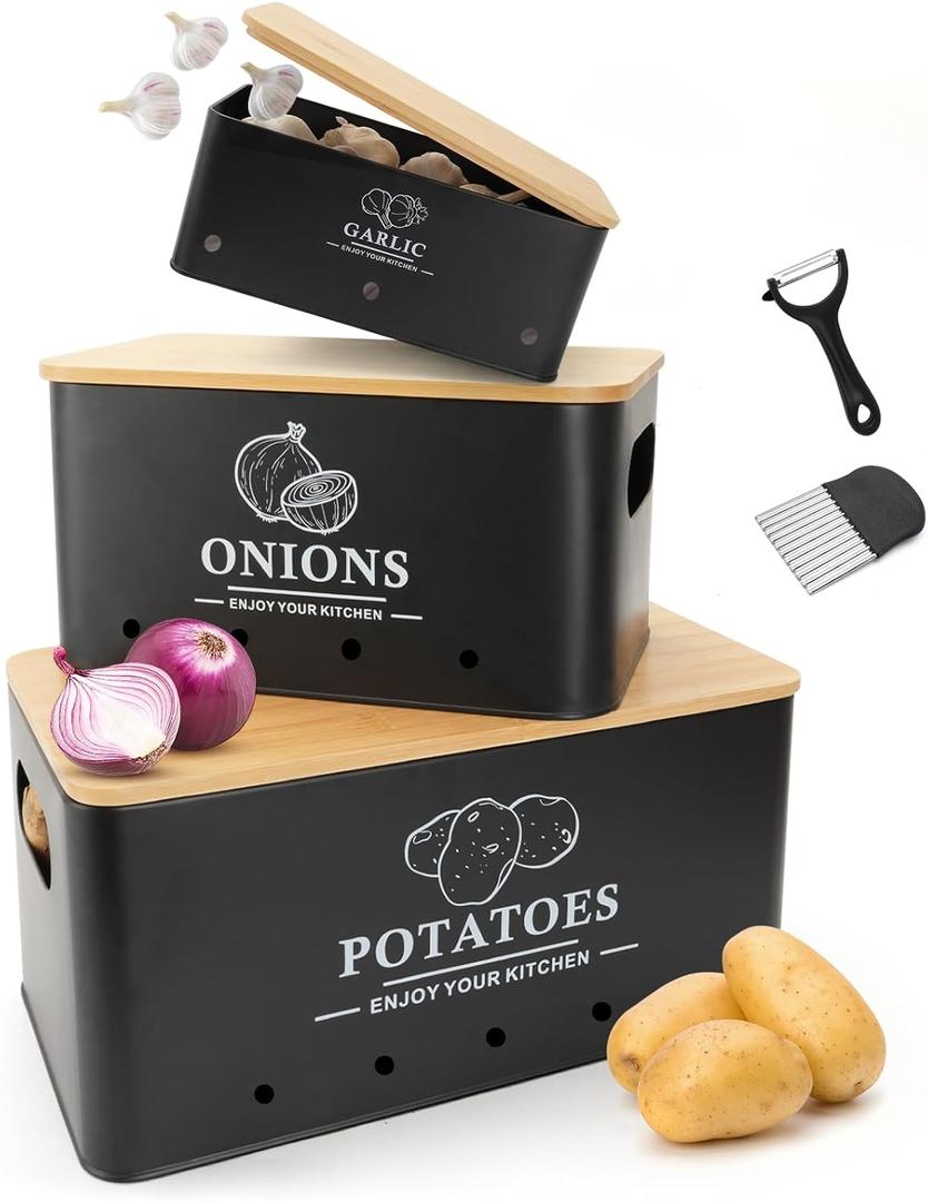 Kitchen Vegetable Storage Set of 3, Metal Onion Garlic Potato Storage Set, Kitchen Canisters Vegetable Keeper Containers with Aerating Holes and Wooden Lid (Black)