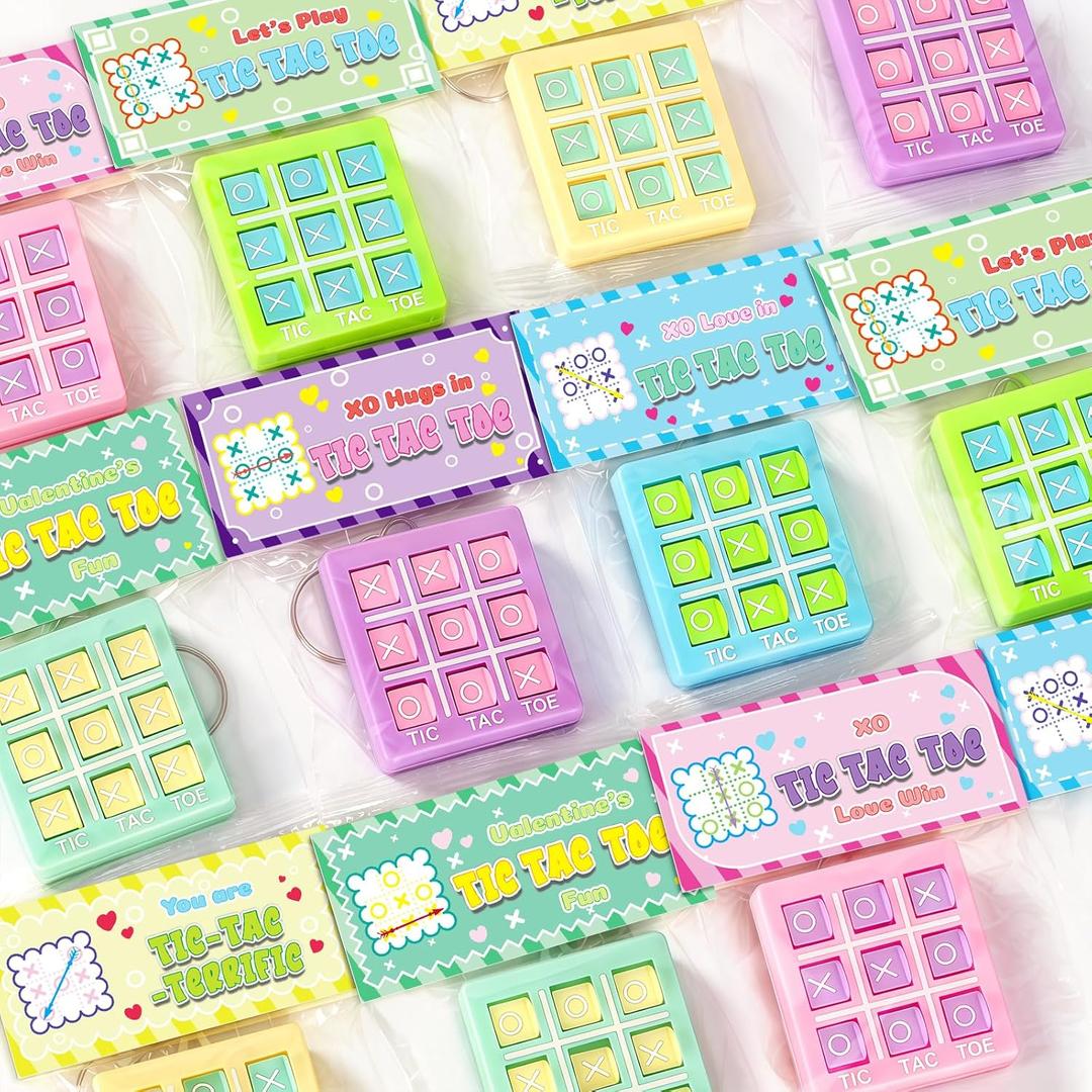 Valentines Day Cards for Kids School, 24 Pcs Tic-Tac-Toe Keychains with Valentines' Cards, Valentines Day Exchange Gifts for Kids, Ideal Classroom Prize & Party Favors Supply