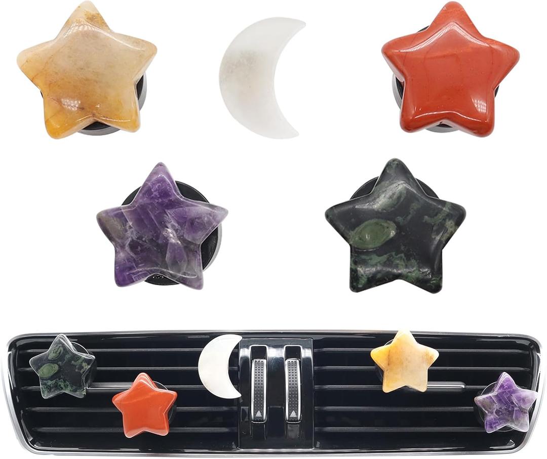 Boho Car Decor,Stars Moon Air Vent Clips,Refillable Car Fresheners,5pcs Natural Crystal Stone Hippie Dashboard Decorations Accessories,Best Wishes for Lover and Friend