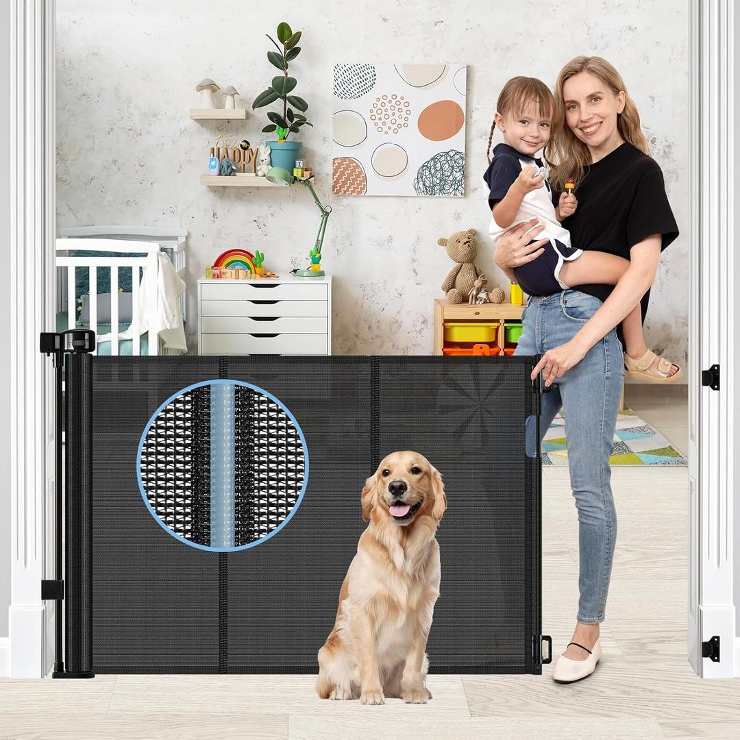 Reinforced Retractable Baby Gates with Support Rods, Extends up to 55 Wide, Retractable Dog Gate for Doorways Prevent Bottom Crawling Through, Mesh Pet Gate for Stairs Indoor Outdoor, Black