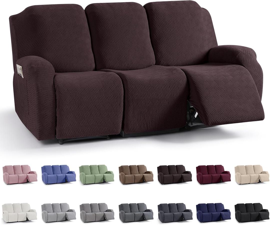 KinCam Recliner Covers, Stretch Reclining Chair Covers, Recliner Sofa Slipcovers Stripe Jacquard Recliner Couch Covers Furniture Protector Covers for Pet Kid (3 Seater, Dark Coffee)