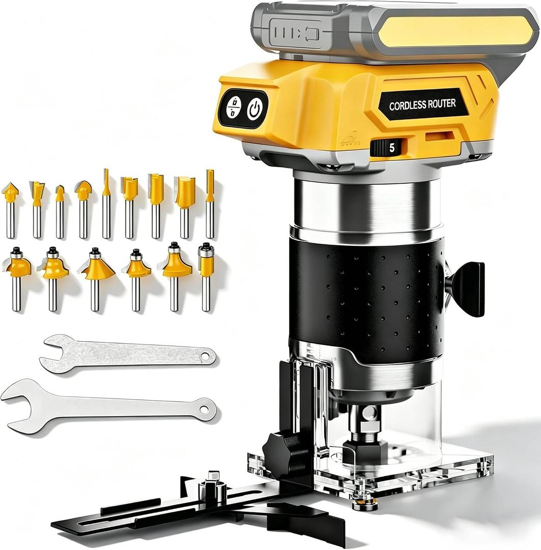 Brushless Cordless Router for Woodworking, Compatible with 20V Battery (Battery Not Included), 6-Speed, 30000-RPM Trim Router, 15-Pcs Trim Bits for Edge Trimming, Grooving (Black and Yellow)