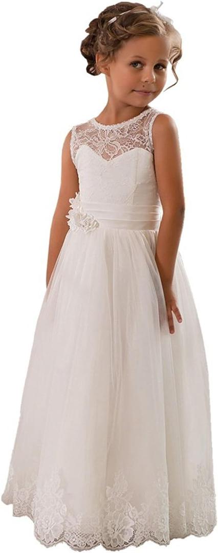 Lace Embellished A-Line Sleeveless Girls Wedding Party Dresses Size 10, Ivory