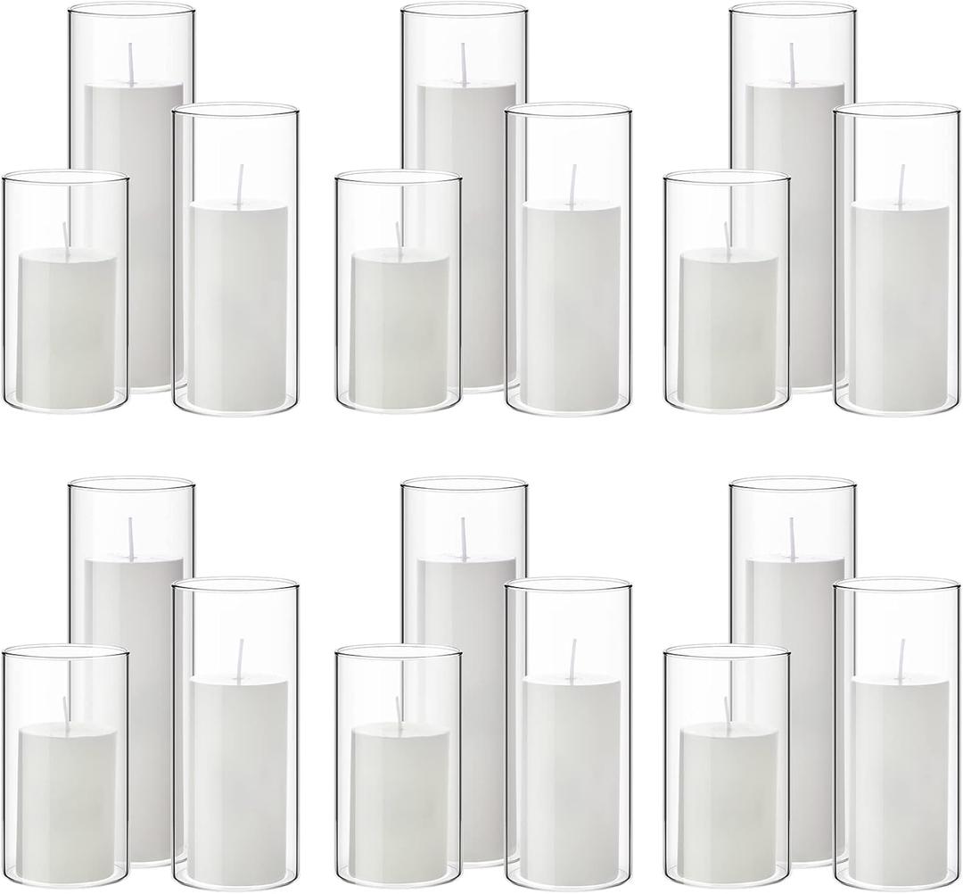 Shihanee 36 Pcs Pillar Candles and Glass Cylinder Vases Tall Cylinder Holders for Pillar Candles Wedding Centerpieces, Total 18 Sets(2.6'' X 4.7'', 5.9'', 7.9'',Clear,White)