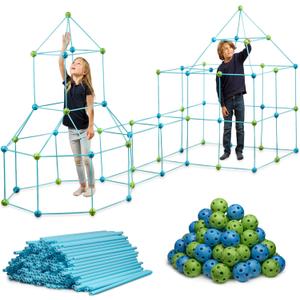 132 Piece Fort Building Kit - Indoor Play Engineering Set with Connecting Sticks & Balls - Creative STEM Building Toys for Kids Play Spaces, Tents & Hideouts (Blue)