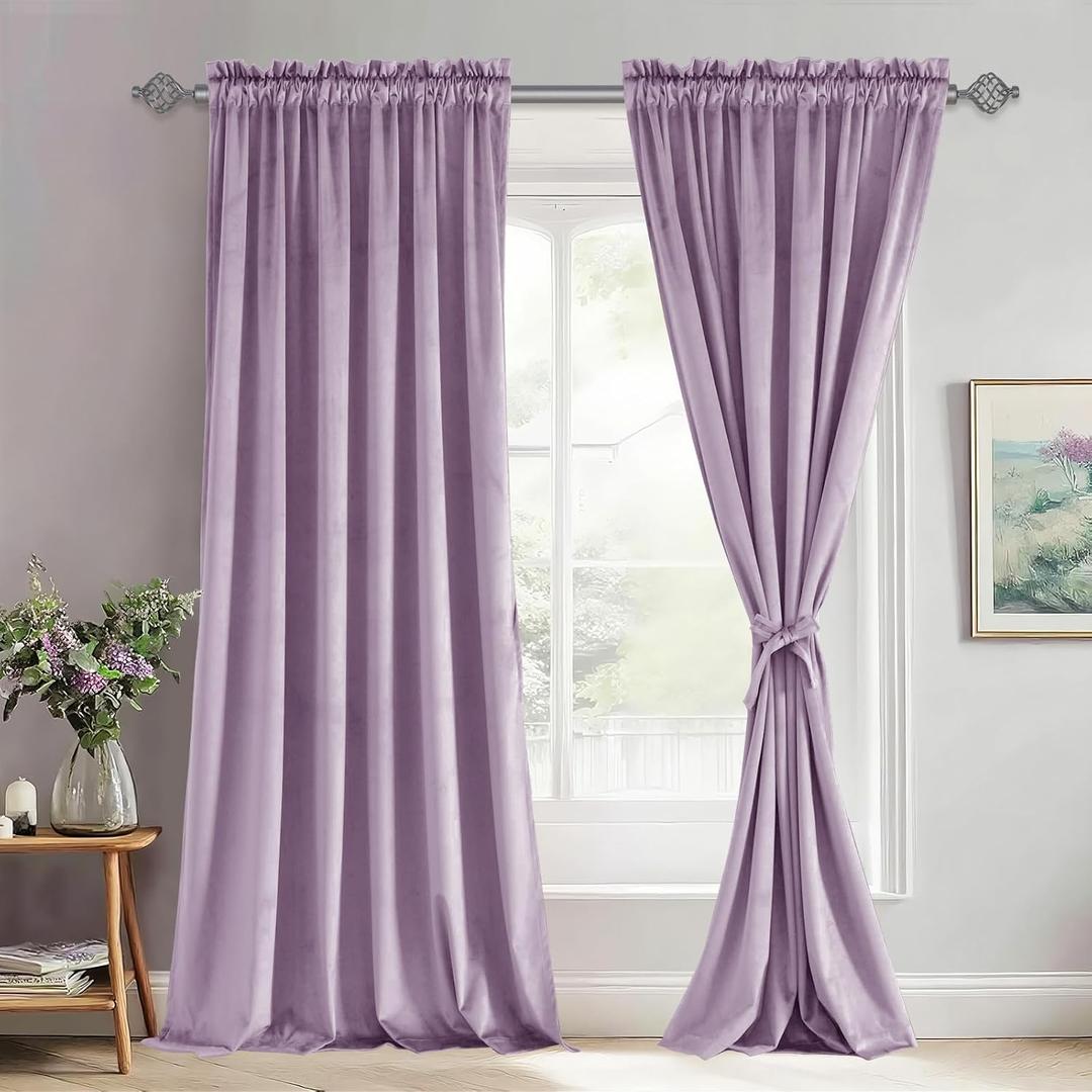 JIUZHEN Purple Blackout Velvet Curtains 84 inches for Living Room Thermal Insulated Room Darkening Grey Curtains Thick Velvet Window Drapes/Panels, Set of 2 with Tiebacks, W52 x L84 inches