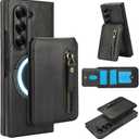 for Samsung Galaxy Z Fold7 Magnetic Detachable Wallet Case with Card Slots, Compatible with magsafa - 2-in-1 Zipper PU Leather Flip Kickstand Cover for Samsung Galaxy Z Fold 7 ZFT-Retro Black