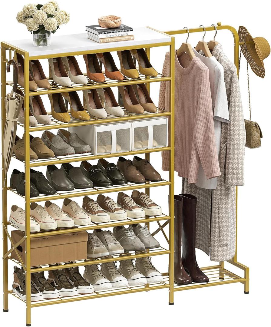 Shoe Rack with Coat Rack, 8 Tier Tall Shoe Storage Organizer with Hooks, 3-in-1, Wooden Top Shelf, Sturdy Frame, Metal Clothes Hanger Stand for Entryway, Closet, Gold