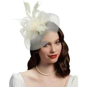 Cizoe Tea Party Fascinator Hats for Womens 50s Headwear with Veil Flower Cocktail Wedding Church Derby Hat (White)