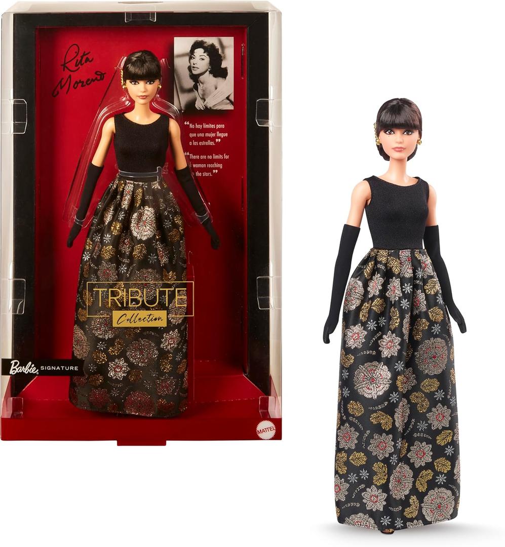 Barbie Signature Tribute Collection Rita Moreno Collectible Doll in Black & Gold Gown with Gloves and Shoes, Includes Doll Stand