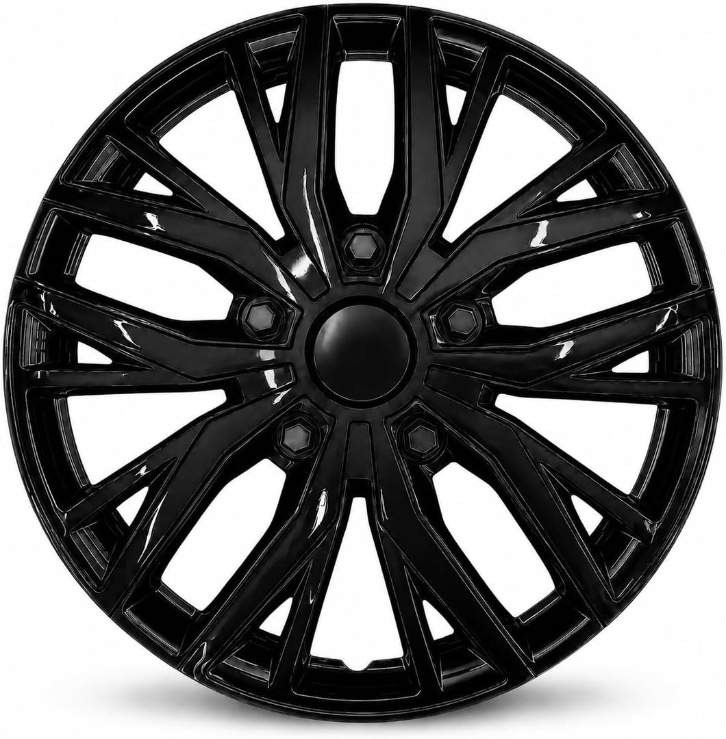 14 Inch Glossy Black Hubcaps Wheel Covers Set of 4, Universal Snap-On Hub Caps for Standard Steel Wheels, Sporty Multi-Spoke PP Wheel Covers with Adjustable Retention Rings