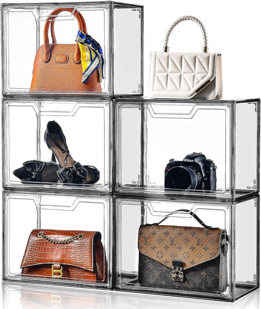 Purse Organizer for Closet,Clear Acrylic Display Case for Handbag Organizer, Purse Storage Box with Magnetic Door, Dustproof Storage Bins for Book, Collectibles, Cosmetic (Grey, 5) (5, Grey)